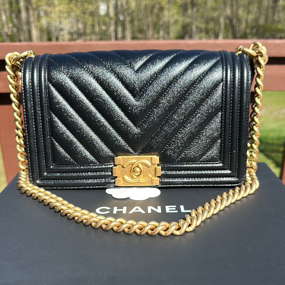 SOLD!!!!Chanel Medium Boy Bag – Black Chevron with Gold Hardware- SOLD!!